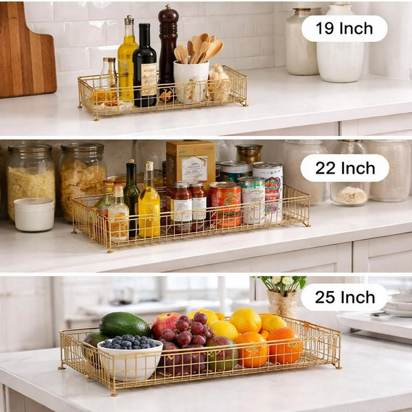 19, 22, 25 Inch Rectangular Trays, Set of 3, Wire Mesh Construction, Gold - BM302702