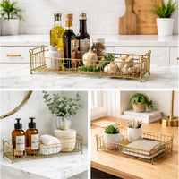 19, 22, 25 Inch Rectangular Trays, Set of 3, Wire Mesh Construction, Gold - BM302702