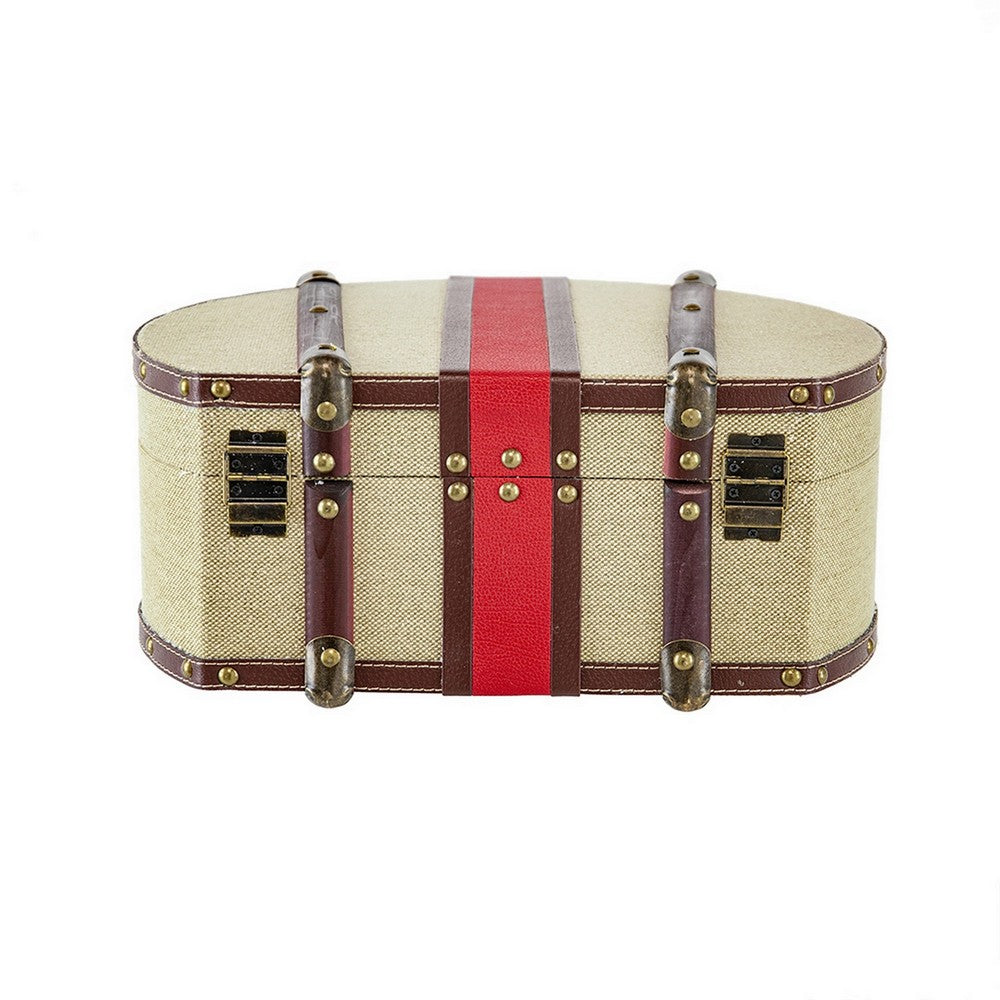 Ika 16 Inch Semi Round Hatbox, Faux Leather Handle, Cream Canvas Upholstery - BM302707