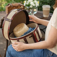 Ika 16 Inch Semi Round Hatbox, Faux Leather Handle, Cream Canvas Upholstery - BM302707