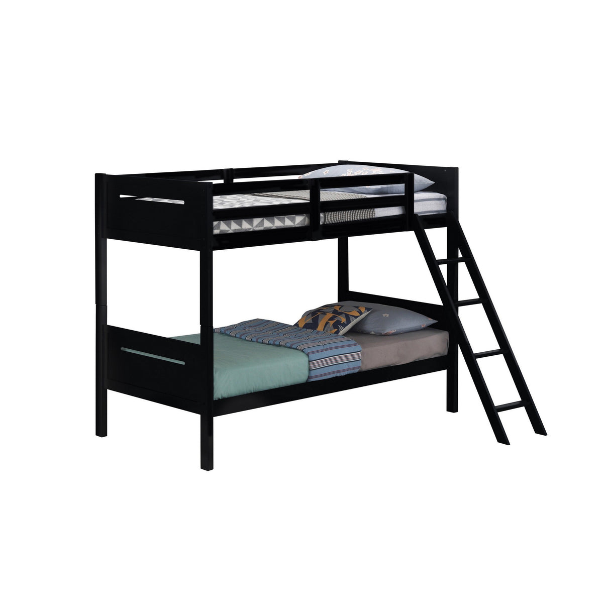 Amey Twin over Twin Bunk Bed, Guard Rails, Attached Ladder, Black Wood-BM302716