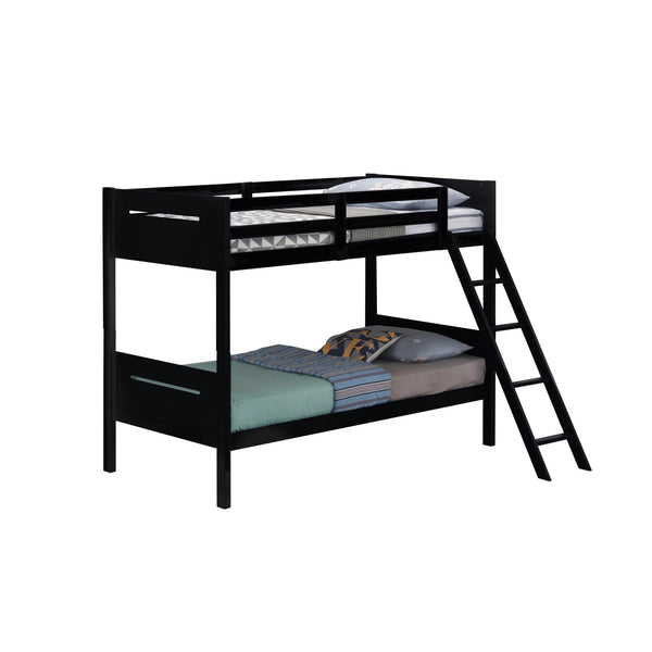 Amey Twin over Twin Bunk Bed, Guard Rails, Attached Ladder, Black Wood-BM302716