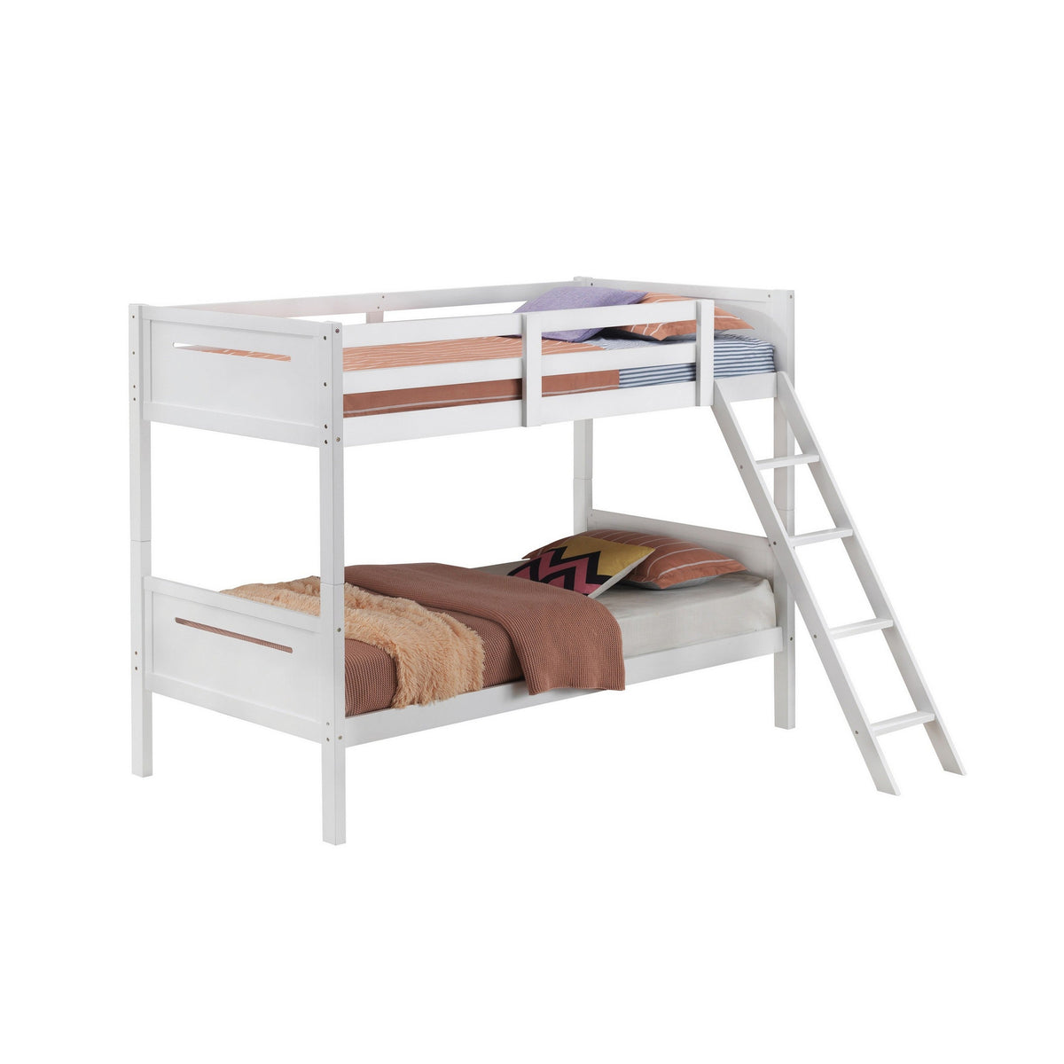 Amey Twin over Twin Bunk Bed, Guard Rails, Attached Ladder, White Wood-BM302717