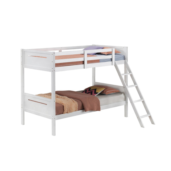 Amey Twin over Twin Bunk Bed, Guard Rails, Attached Ladder, White Wood-BM302717