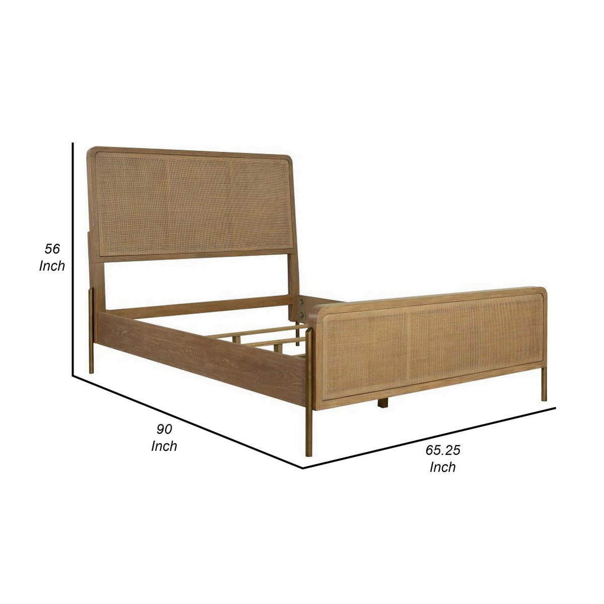 Sea Wood Queen Size Bed with Woven Cane Design, Open Panel, 4 Slats, Brown