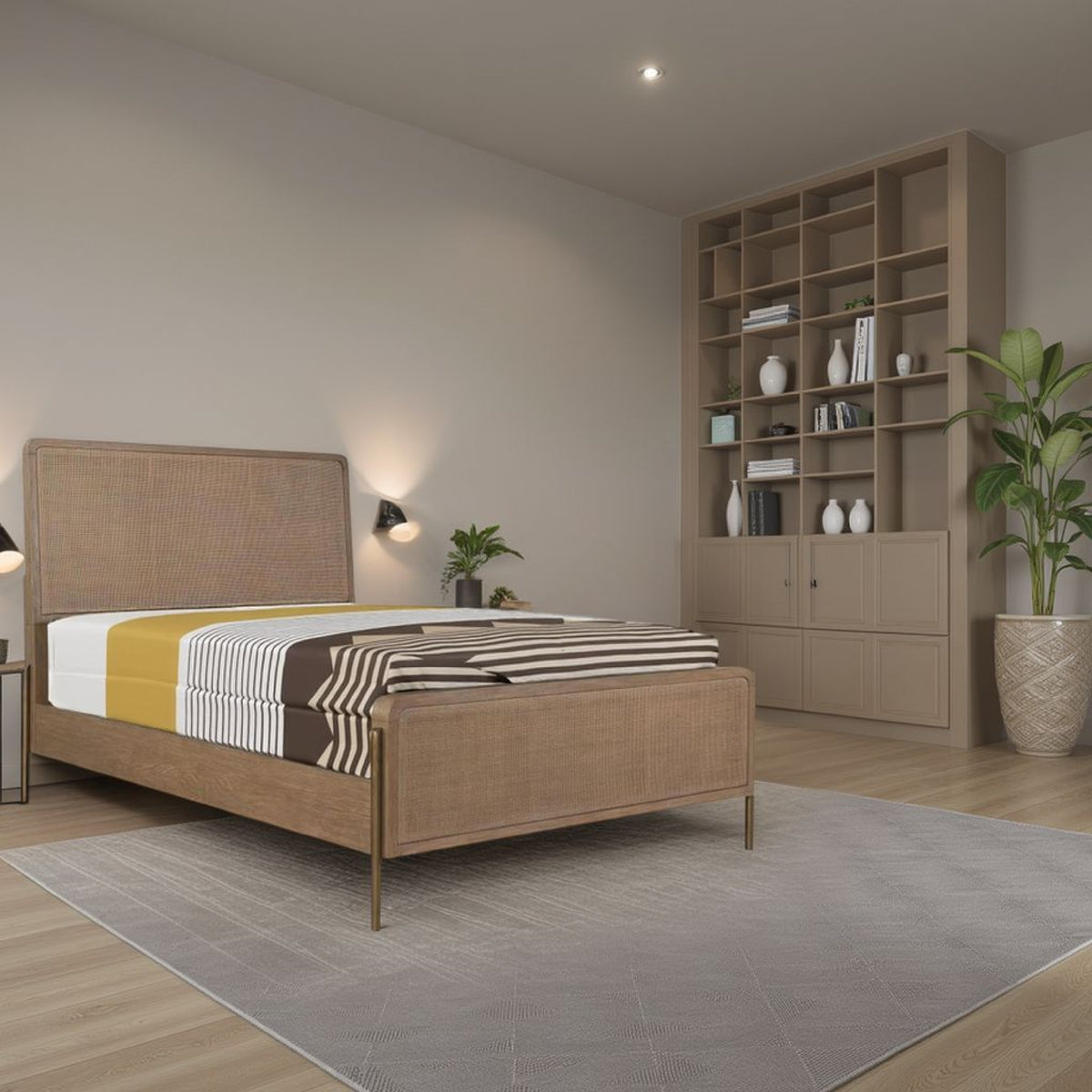 Sea Wood Queen Size Bed with Woven Cane Design, Open Panel, 4 Slats, Brown