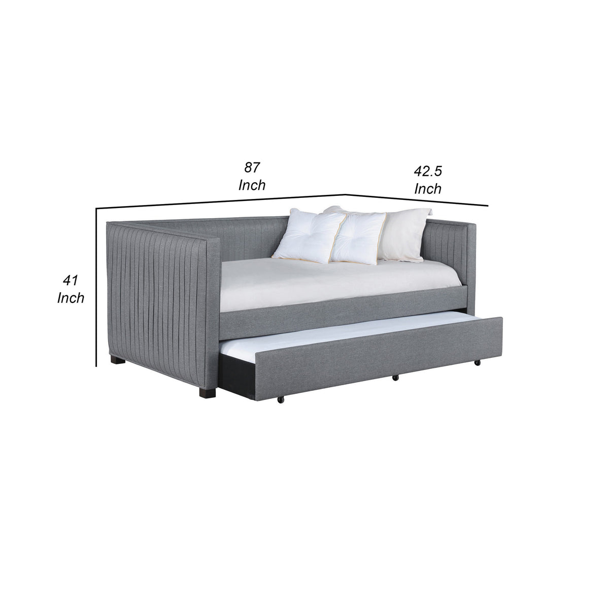Twin Size Daybed with Trundle, Modern Pleated Soft Gray Fabric Upholstered
