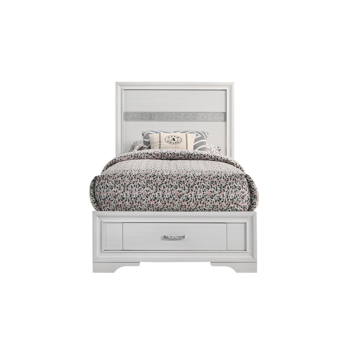 Vino Twin Size Panel Bed with 2 Storage Drawers, Acrylic Glitter, White