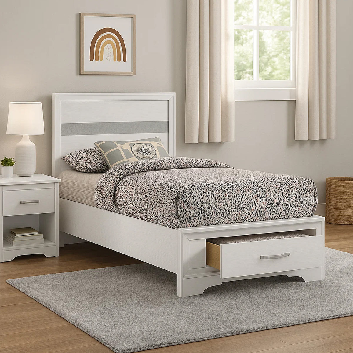 Vino Twin Size Panel Bed with 2 Storage Drawers, Acrylic Glitter, White
