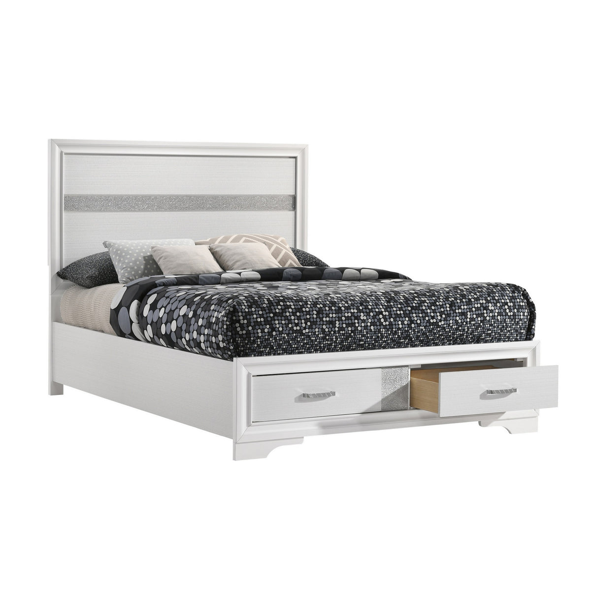 Vino Full Size Panel Bed with 2 Storage Drawers, Acrylic Glitter, White
