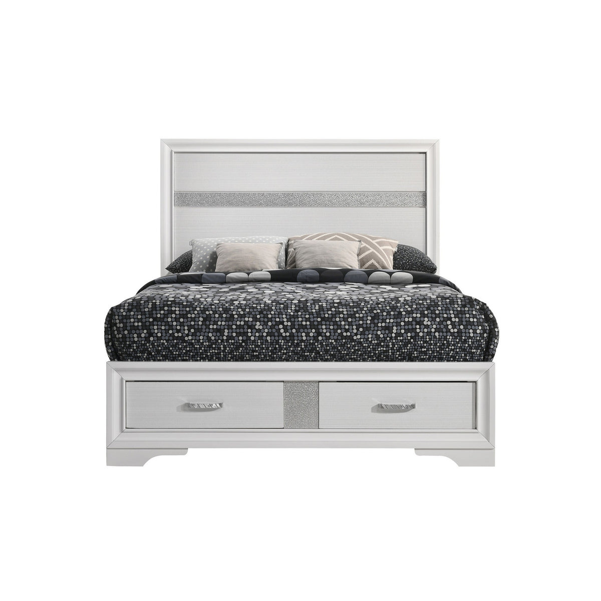 Vino Full Size Panel Bed with 2 Storage Drawers, Acrylic Glitter, White