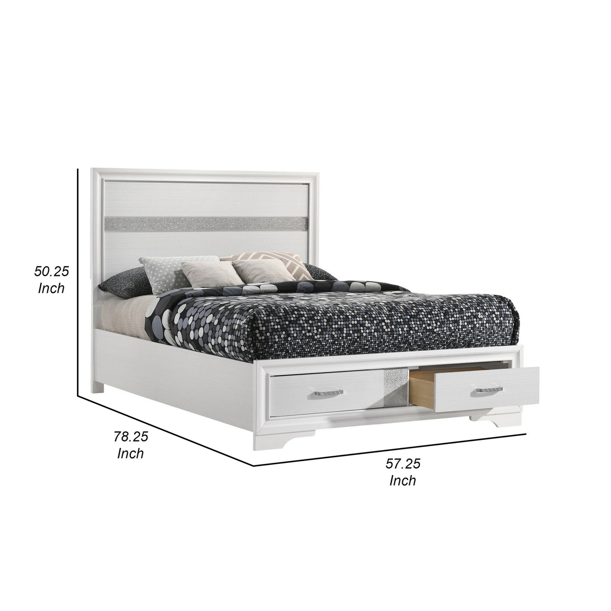 Vino Full Size Panel Bed with 2 Storage Drawers, Acrylic Glitter, White