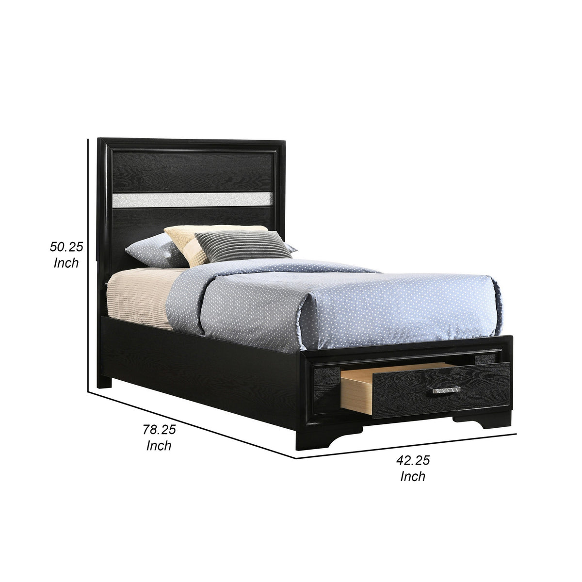 Vino Twin Size Panel Bed with 2 Storage Drawers, Acrylic Glitter, Black