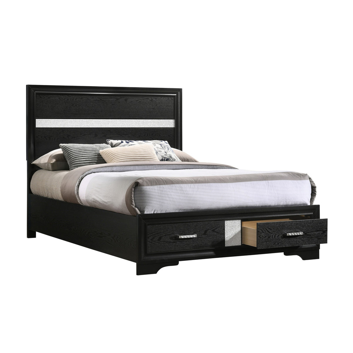 Vino Full Size Panel Bed with 2 Storage Drawers, Acrylic Glitter, Black