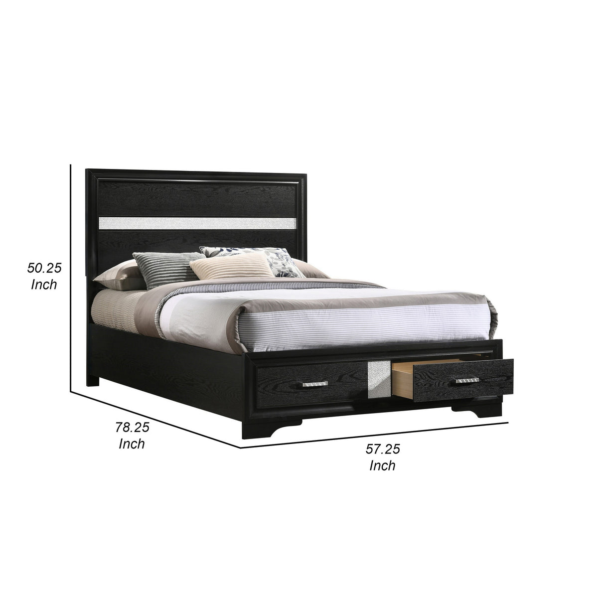 Vino Full Size Panel Bed with 2 Storage Drawers, Acrylic Glitter, Black