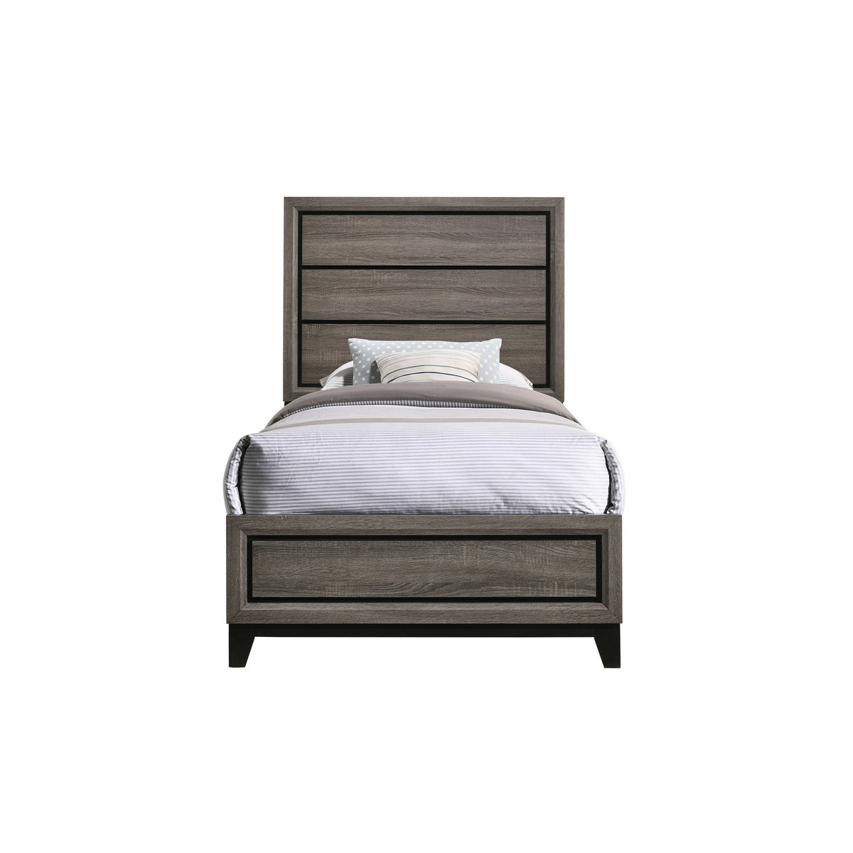 Mela Twin Size Panel Bed, Groove Design, Tapered Legs, Gray and Black