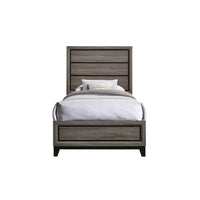 Mela Twin Size Panel Bed, Groove Design, Tapered Legs, Gray and Black