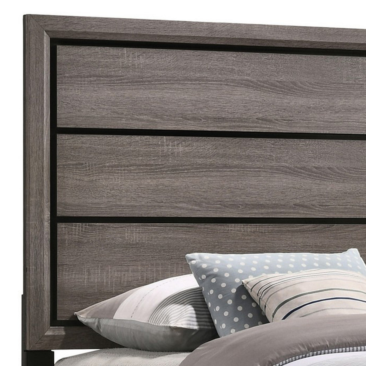 Mela Twin Size Panel Bed, Groove Design, Tapered Legs, Gray and Black