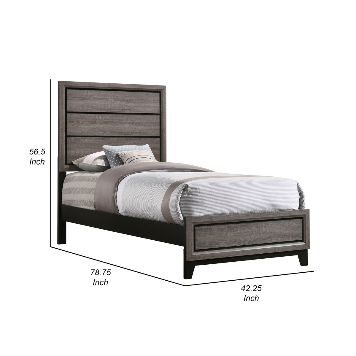 Mela Twin Size Panel Bed, Groove Design, Tapered Legs, Gray and Black