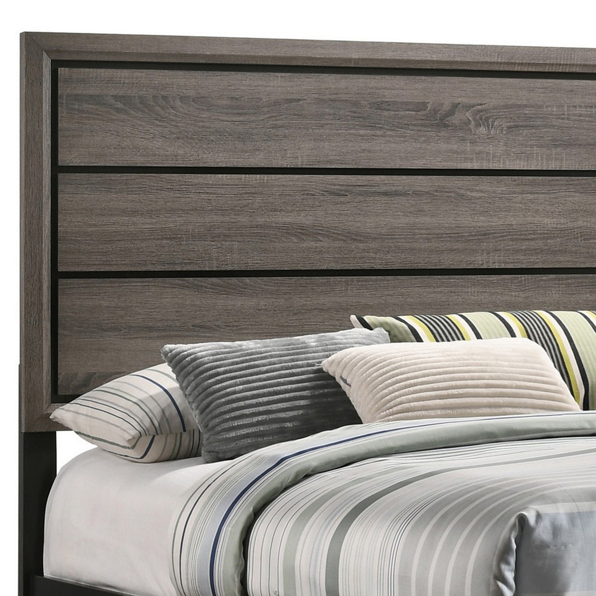 Mela Full Size Panel Bed, Groove Design, Tapered Legs, Gray and Black