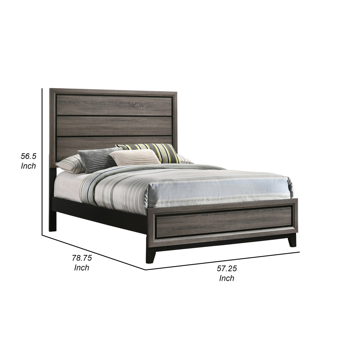 Mela Full Size Panel Bed, Groove Design, Tapered Legs, Gray and Black