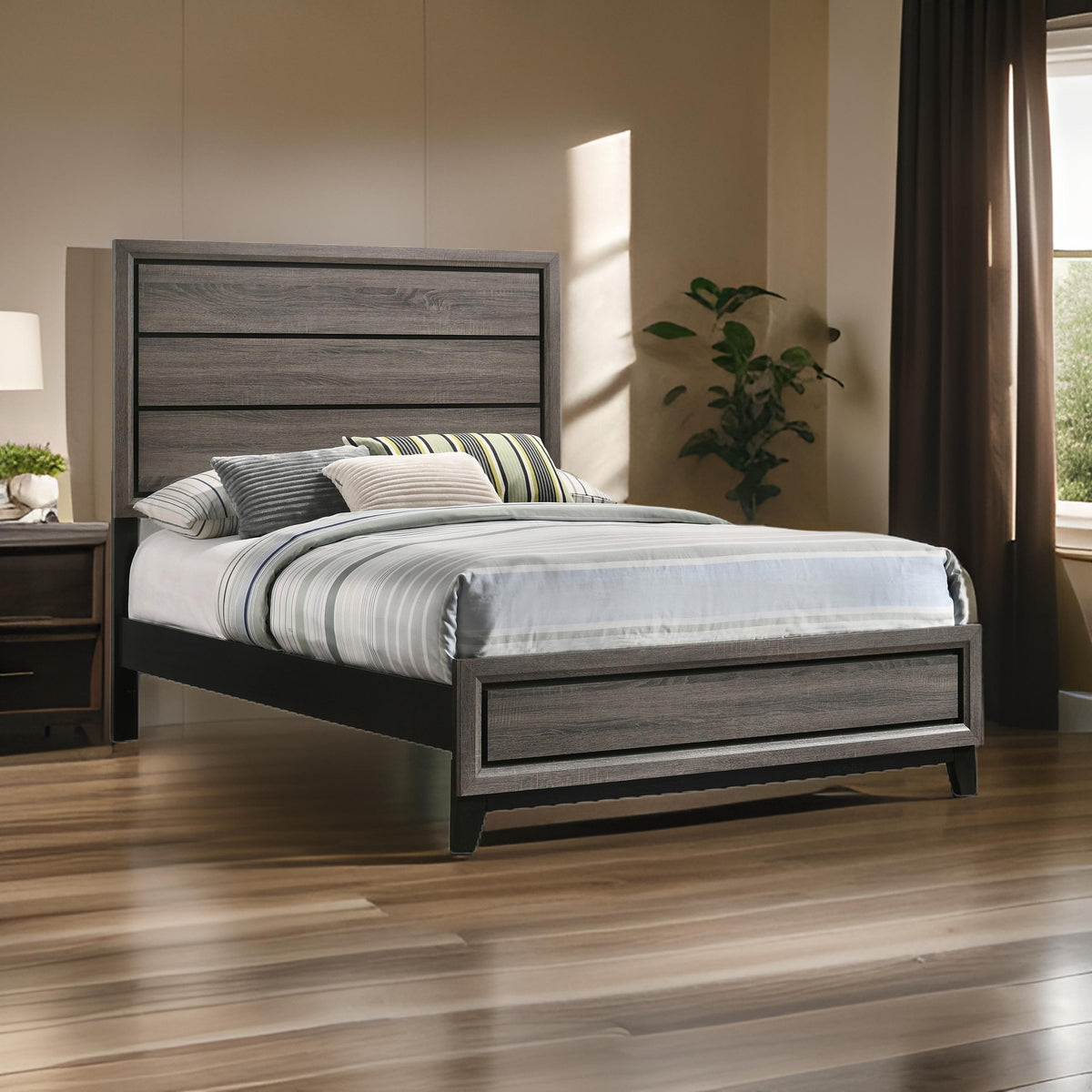 Mela Full Size Panel Bed, Groove Design, Tapered Legs, Gray and Black
