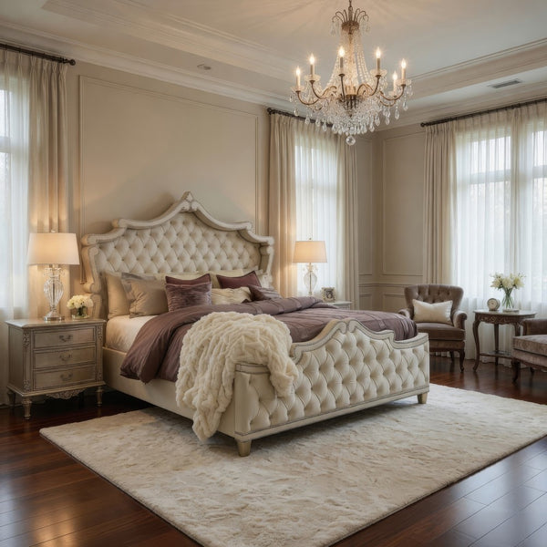 Lino California King Bed, Ivory Tufted Velvet Upholstery, French Carved - BM302789
