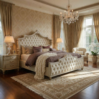 Lino California King Bed, Ivory Tufted Velvet Upholstery, French Carved - BM302789