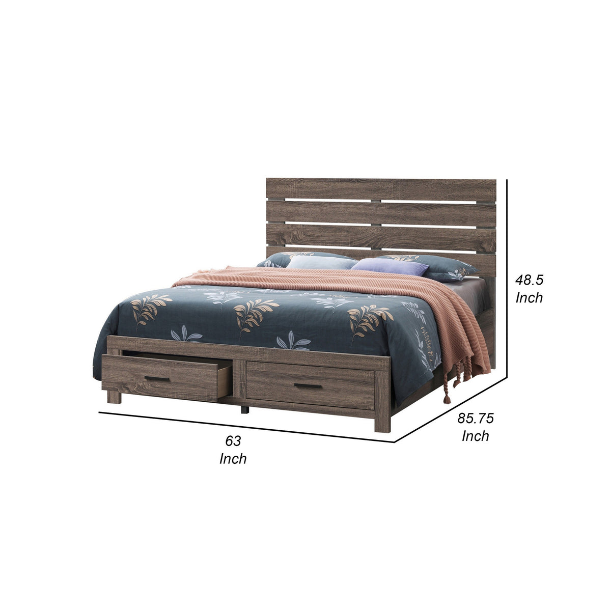 Ach Wood Queen Storage Bed with 2 Drawers, Plank Style Headboard, Brown