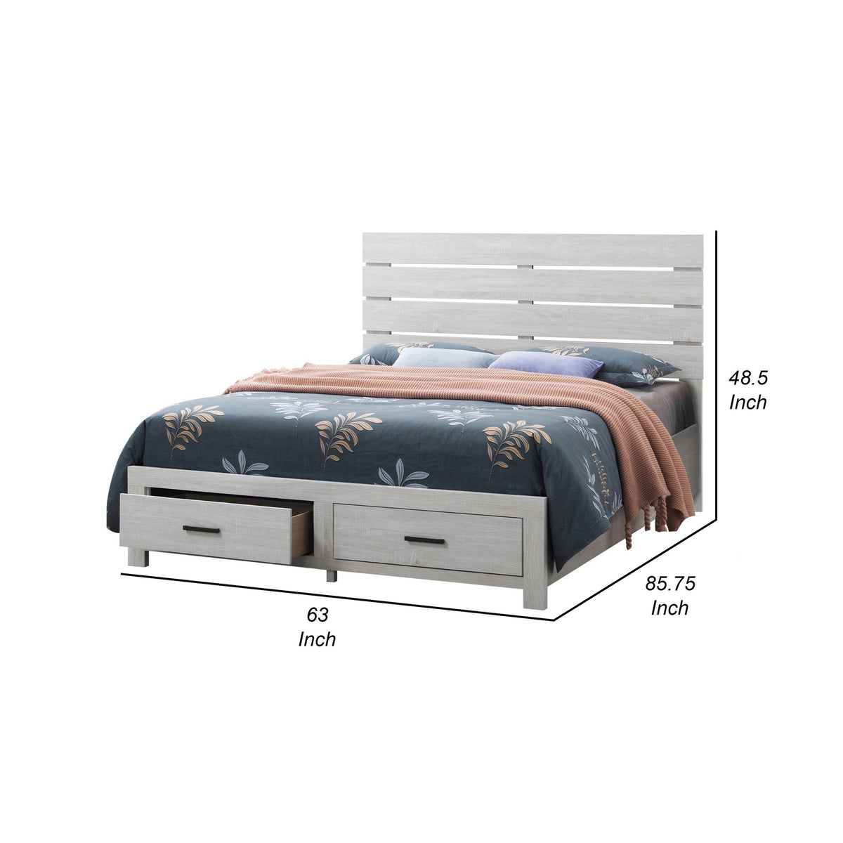 Ach Wood Queen Storage Bed with 2 Drawers, Plank Style Headboard, White