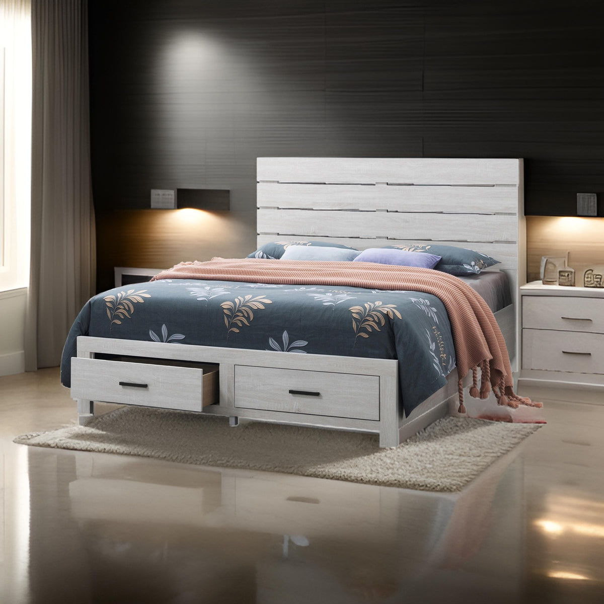 Ach Wood Queen Storage Bed with 2 Drawers, Plank Style Headboard, White