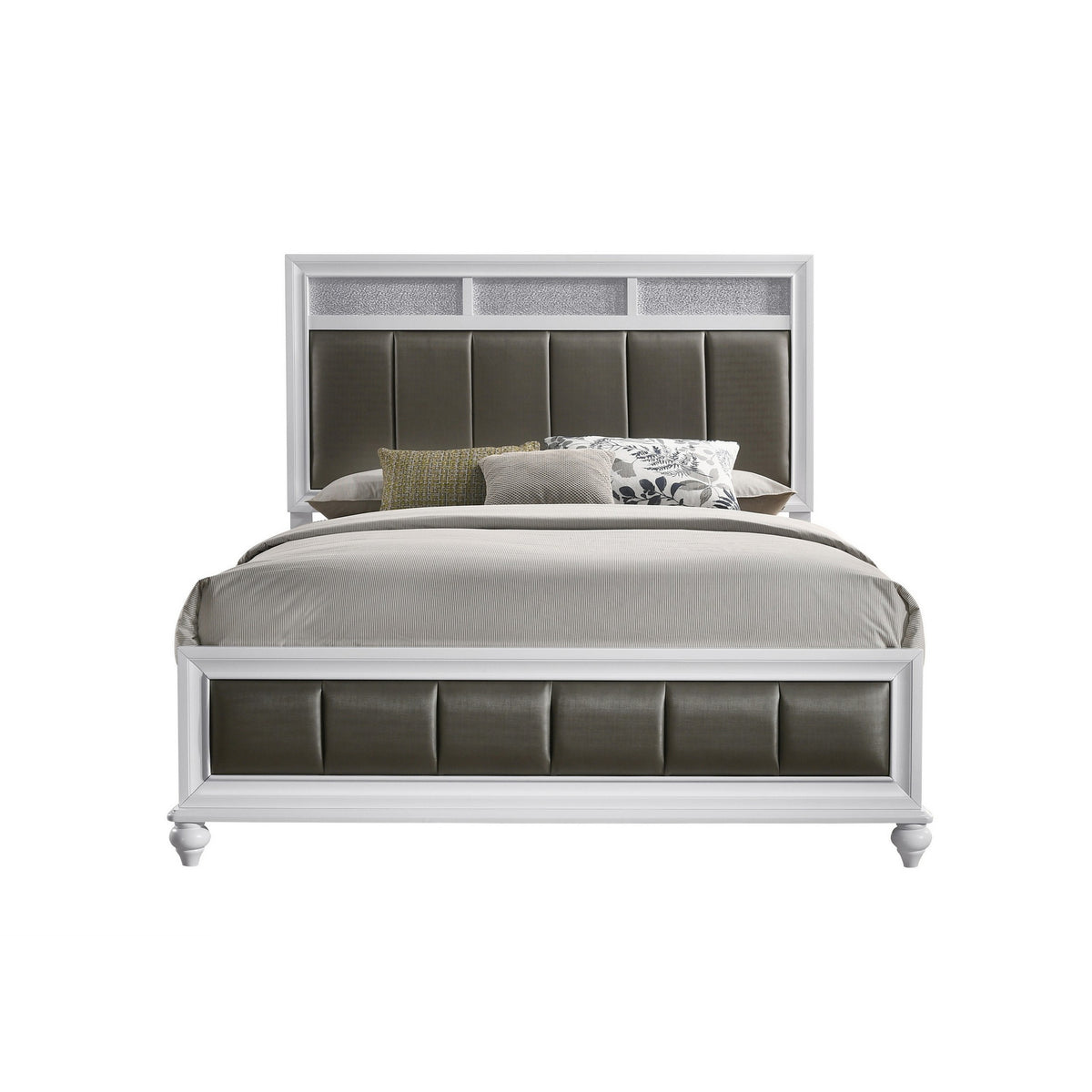 Dini Queen Panel Bed, Glitter Headboard, Channeled Metallic Gray Upholstery