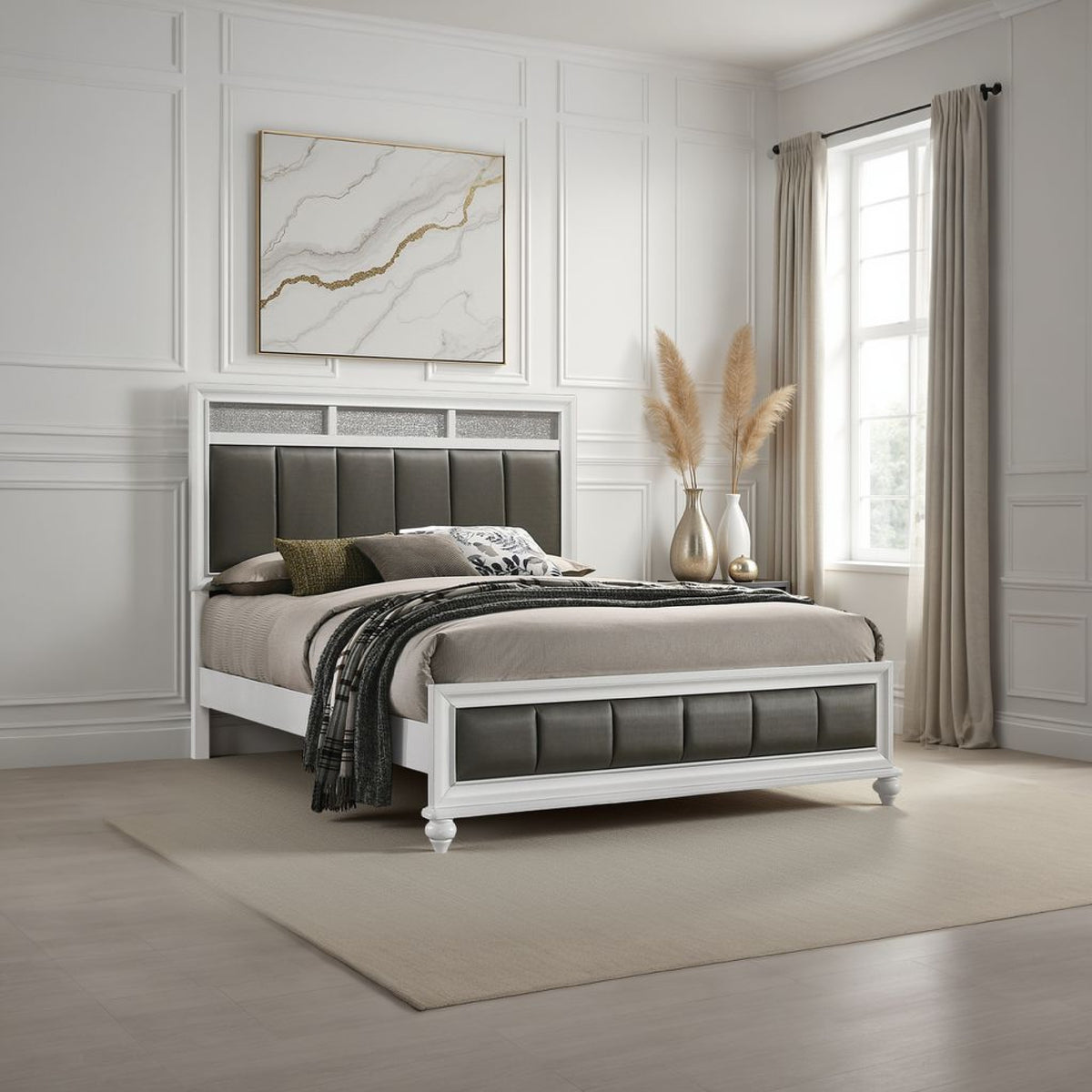 Dini Queen Panel Bed, Glitter Headboard, Channeled Metallic Gray Upholstery