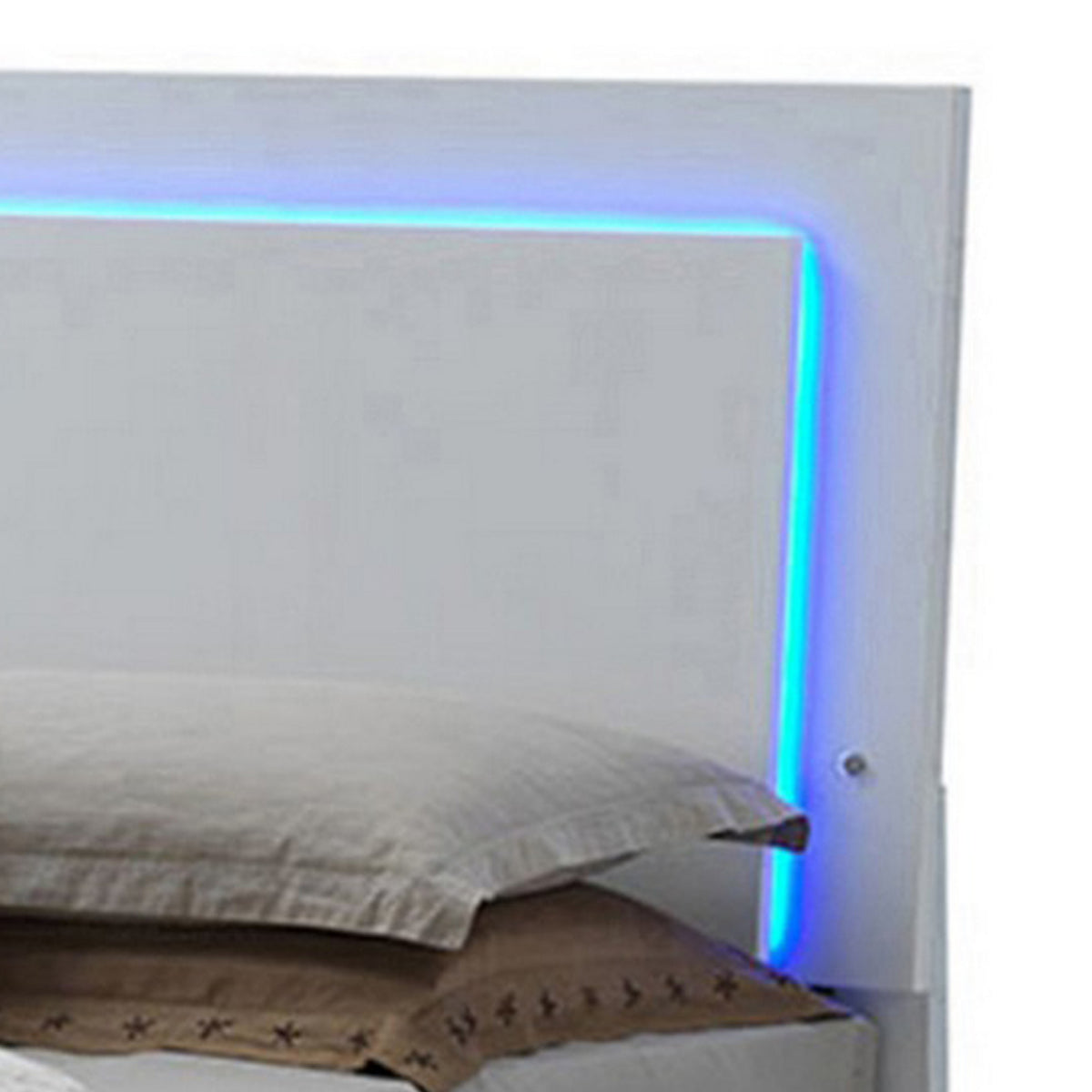 Sok Queen Panel Bed with LED Headboard, Low Profile Footboard, Glossy White