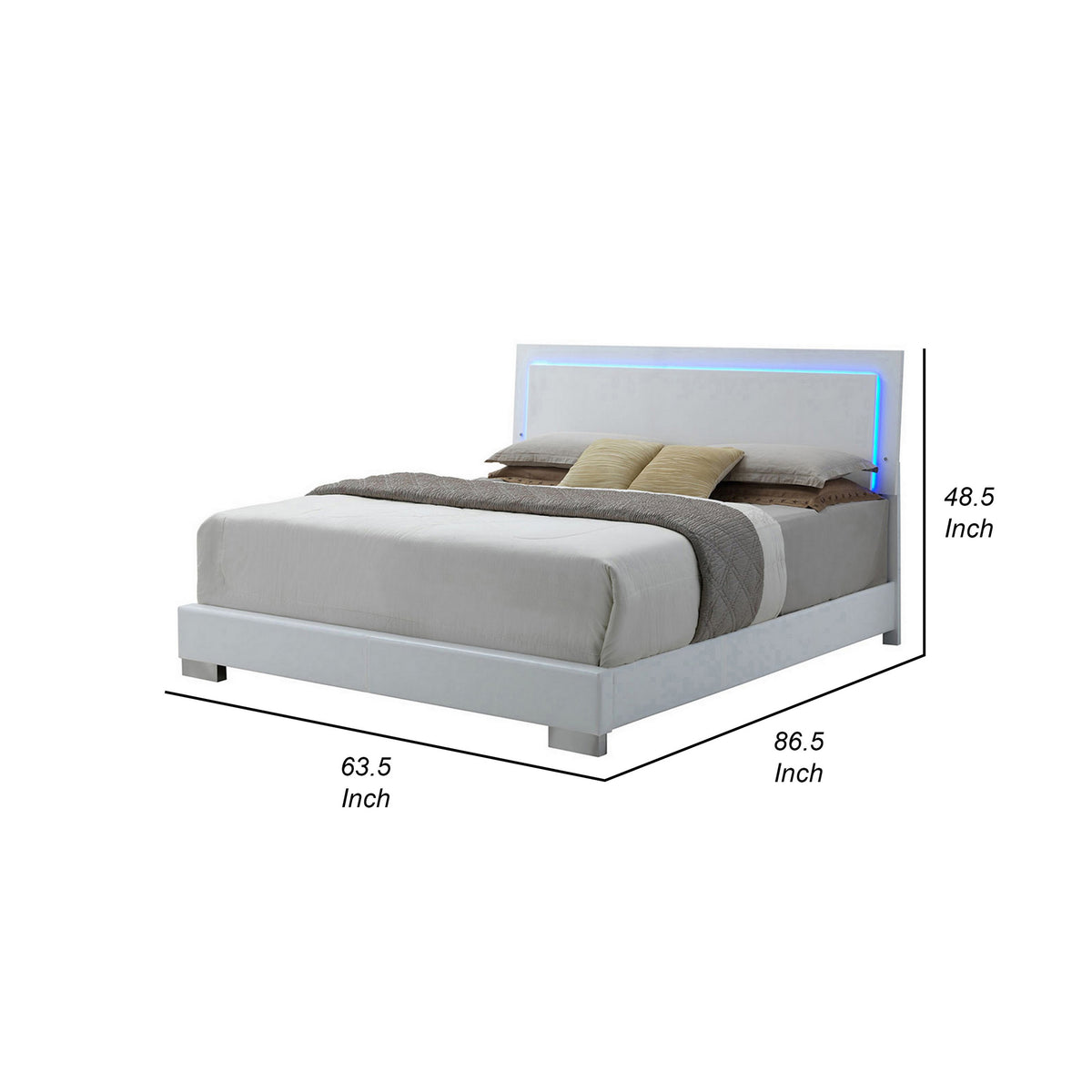 Sok Queen Panel Bed with LED Headboard, Low Profile Footboard, Glossy White