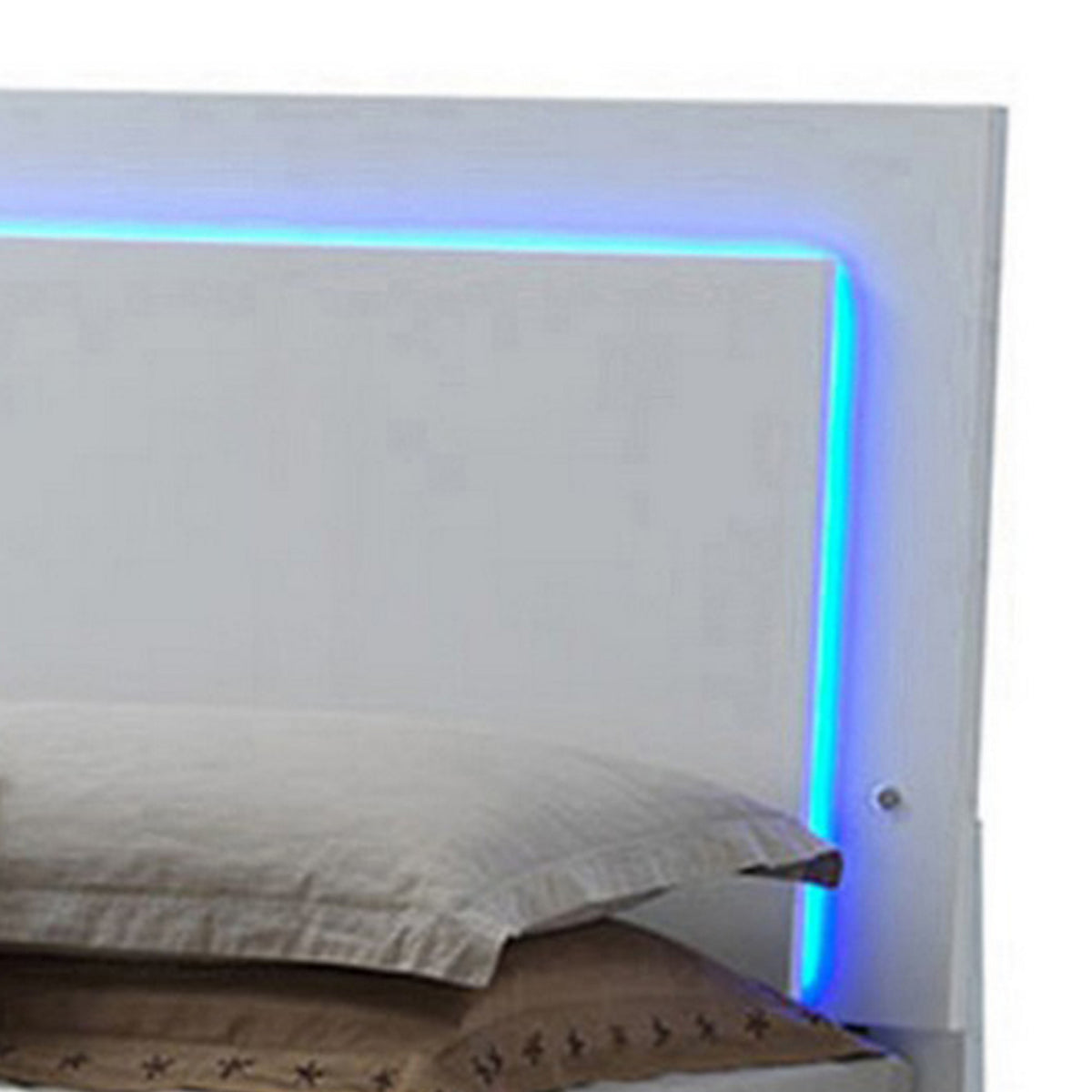 Sok King Panel Bed with LED Headboard, Low Profile Footboard, Glossy White