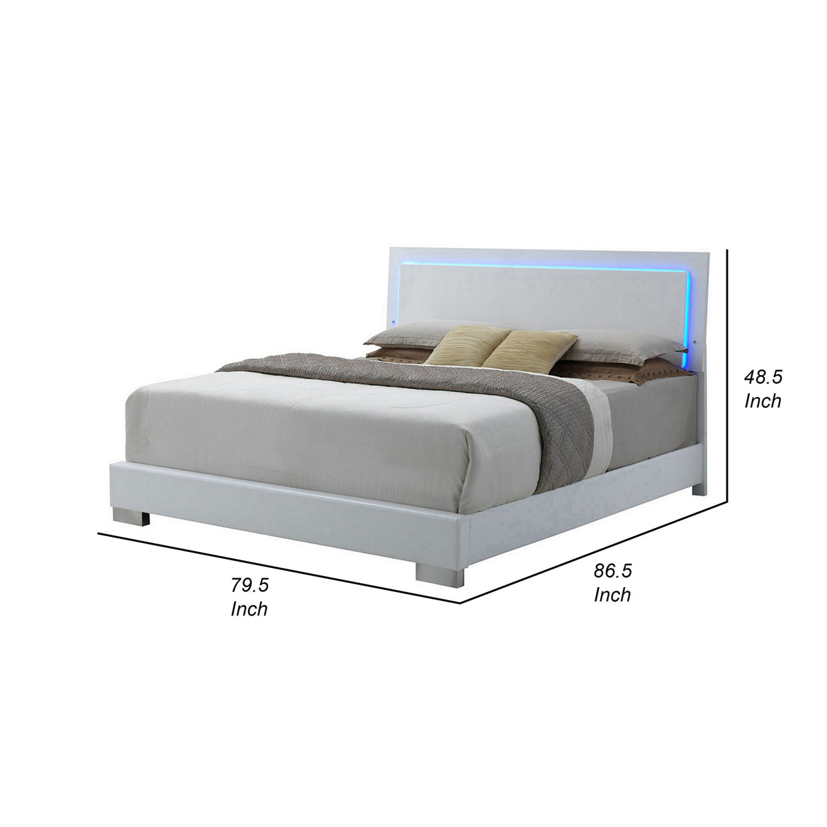 Sok King Panel Bed with LED Headboard, Low Profile Footboard, Glossy White