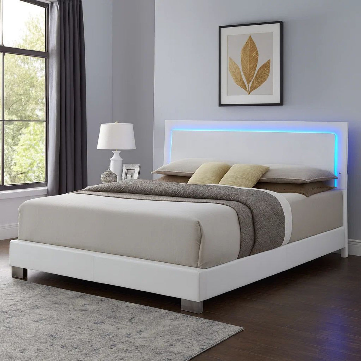 Sok King Panel Bed with LED Headboard, Low Profile Footboard, Glossy White