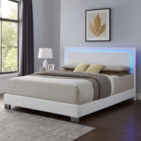 Sok King Panel Bed with LED Headboard, Low Profile Footboard, Glossy White