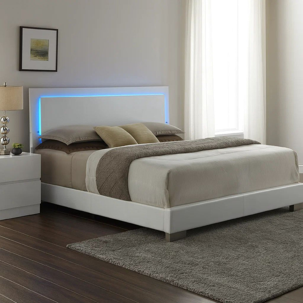 Sok King Panel Bed with LED Headboard, Low Profile Footboard, Glossy White
