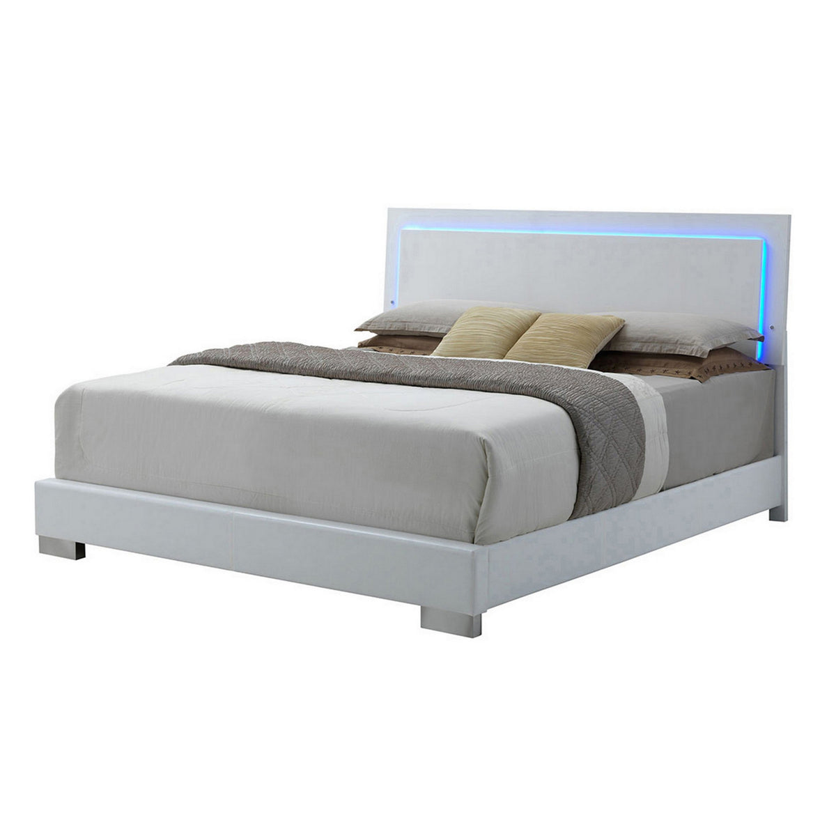 Sok California King Panel Bed, LED Headboard, Low Profile Footboard, White-BM302899