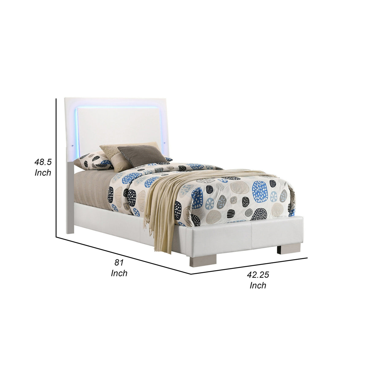 Sok Twin Panel Bed with LED Headboard, Low Profile Footboard, Glossy White