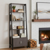 70 Inch Ladder Bookcase with Double Door Cabinet, 3 Shelves, Gray, Black - BM302951