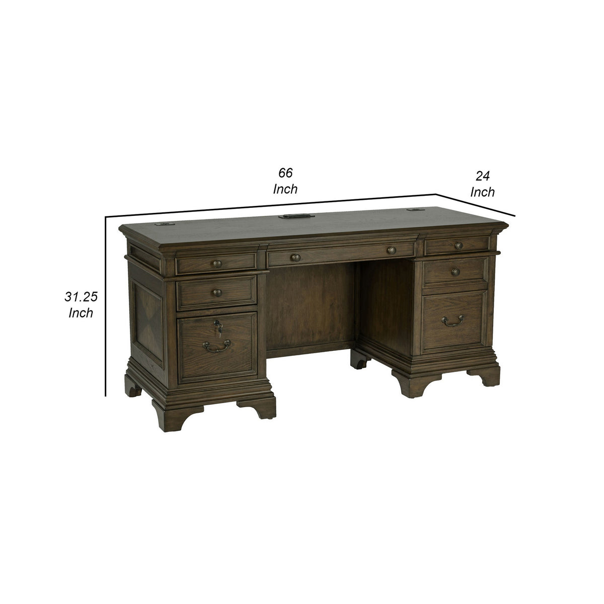 66 Inch Wood Executive Desk, 4 Drawers, Keyboard Tray, Power Outlet, Brown