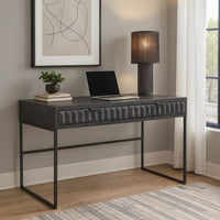 Fiva 47 Inch 2 Drawer Desk, Embossed Geometric Patterns, Smoke Gray Wood - BM303170