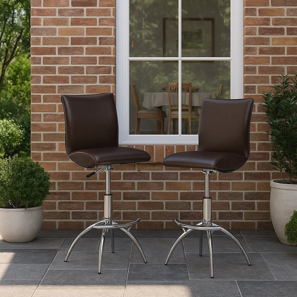 Deko 26-31 Inch Adjustable Height Barstool Chair, Chrome Brown Faux Leather - BM304644