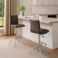 Deko 26-31 Inch Adjustable Height Barstool Chair, Chrome Brown Faux Leather - BM304644