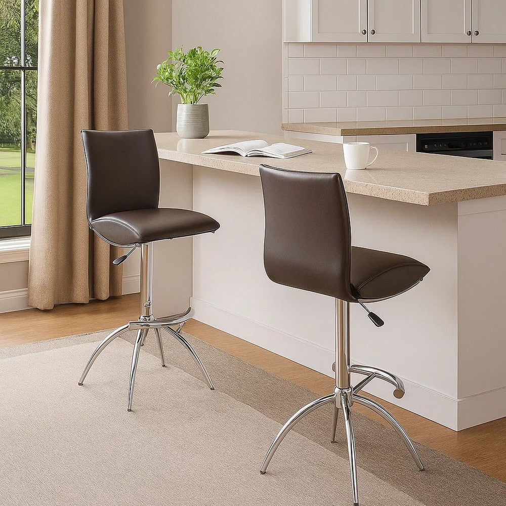 Deko 26-31 Inch Adjustable Height Barstool Chair, Chrome Brown Faux Leather - BM304644