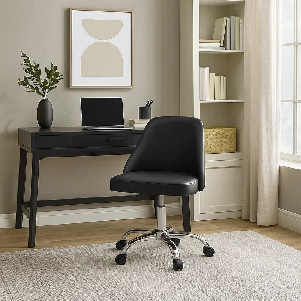 Yim 22 Inch Adjustable Swivel Office Chair, Black Faux Leather, Chrome Base - BM304675