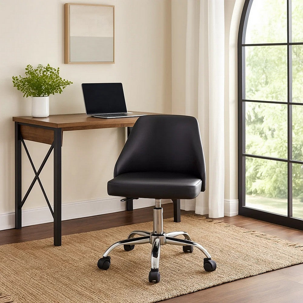 Yim 22 Inch Adjustable Swivel Office Chair, Black Faux Leather, Chrome Base - BM304675